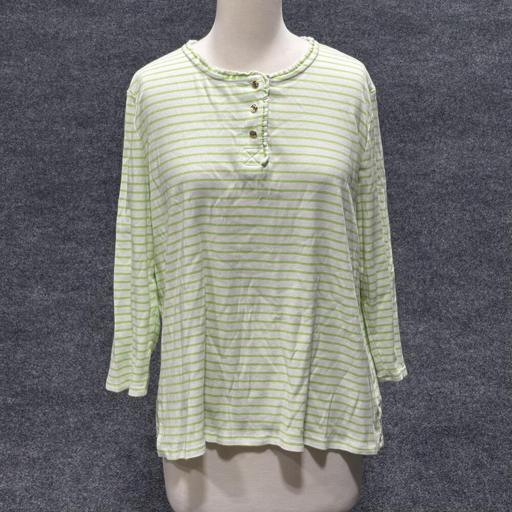 Anne Klein Shirt Womens XL White Green Stripe Henley 3/4 Sleeve Cotton Top